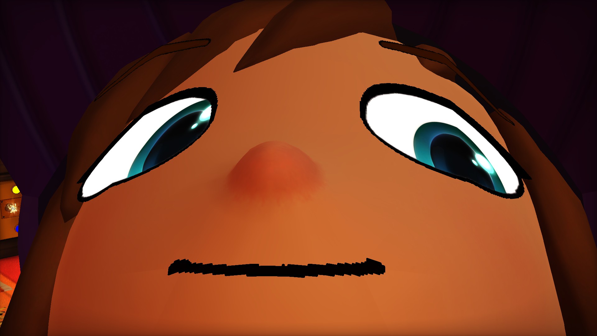 goofy close up screenshot of Hat Kid staring down into the camera