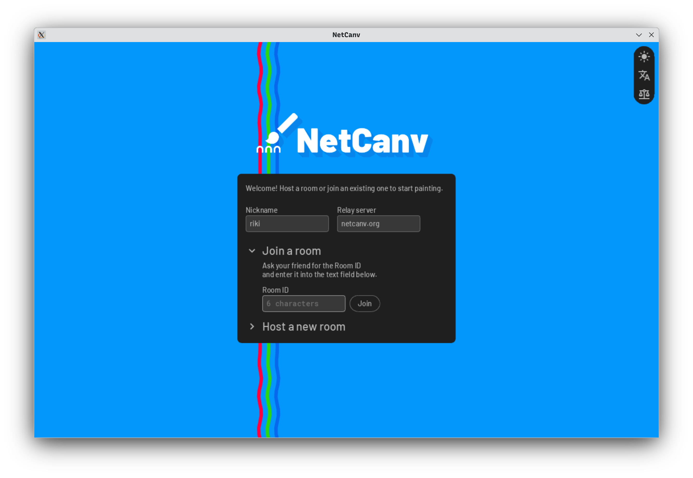 The NetCanv lobby screen. There’s a dialogue asking you for information to join. It’s set against a sky blue background with three stripes of red, green, and dark blue paint flowing out of the app’s logo at the top of the screen.