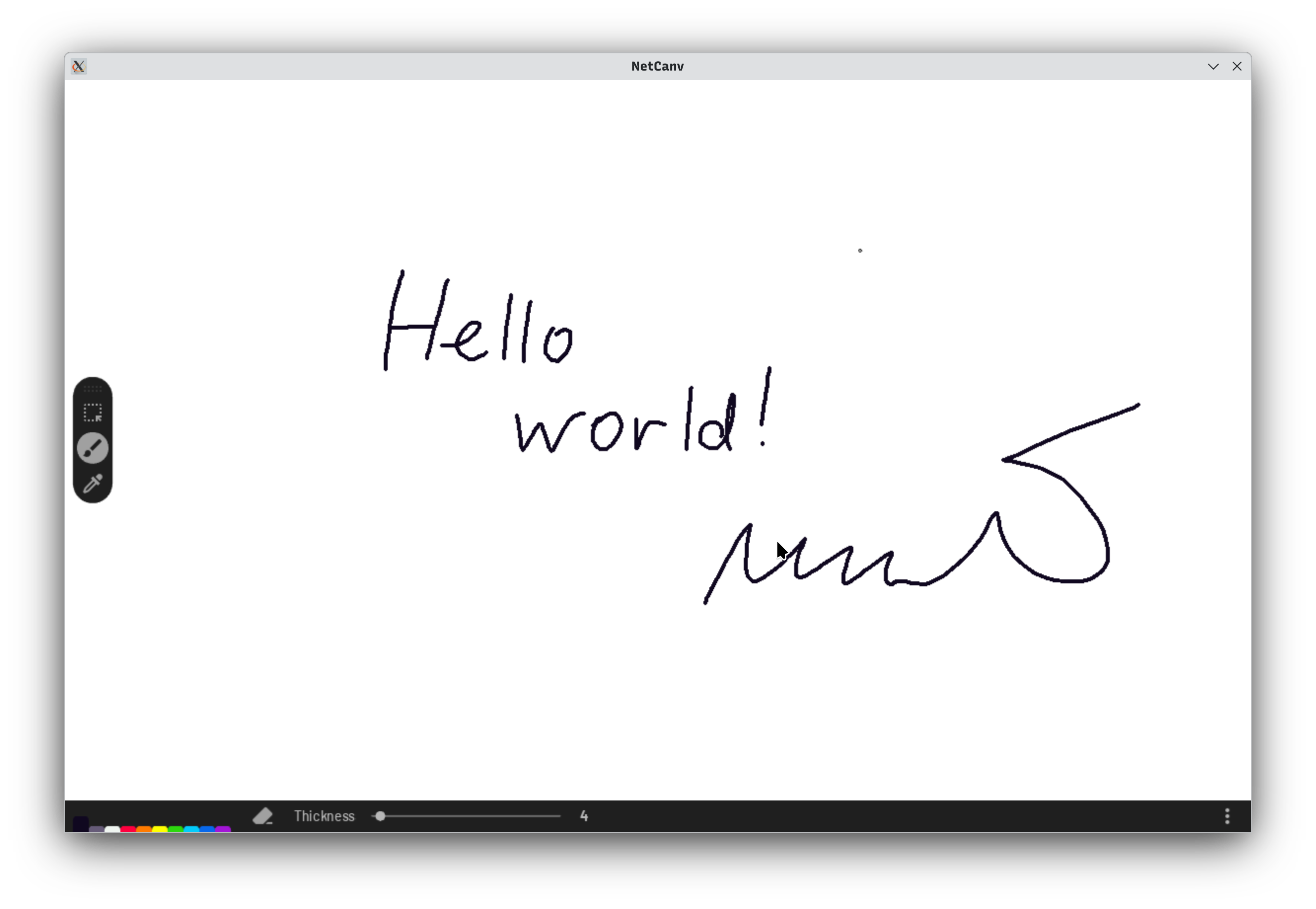 A white canvas with “Hello world!” written on it, as well as some scribbles. On top of the canvas, there’s a toolbar with a selection tool, a brush tool, and a colour picker tool. At the bottom, there’s a toolbar with a colour palette, an eraser button, and a thickness slider. There’s also a hamburger menu on the right.