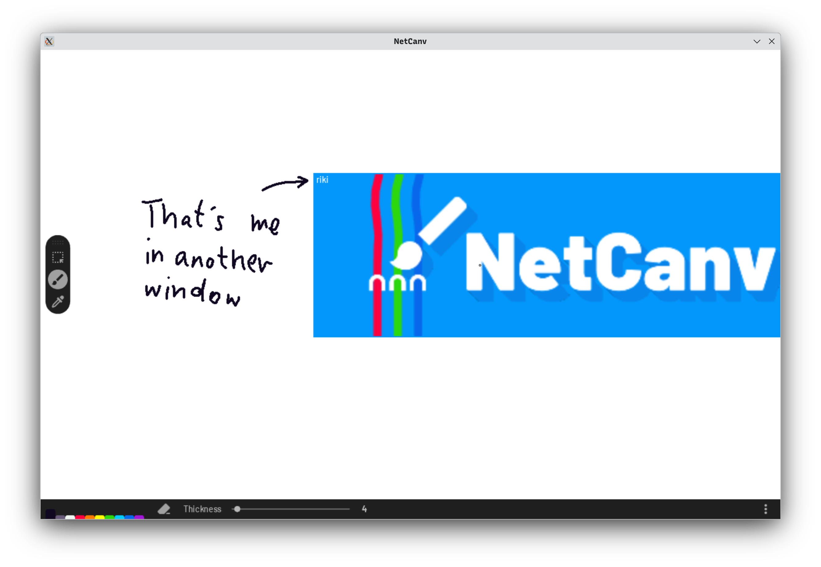 Me using the selection tool from another client. There’s a NetCanv logo pasted onto the canvas, with a selection reticle over it indicating my nickname, with an arrow pointing at it saying “That’s me in another window.”