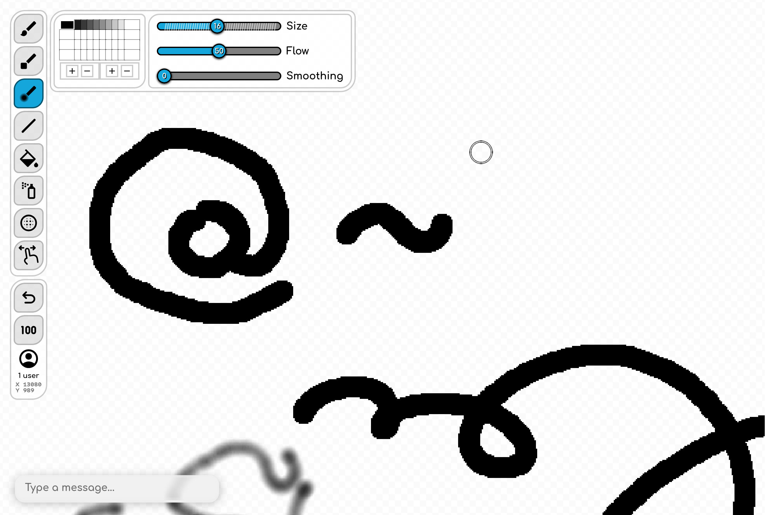 MultiPixel running in the browser. There’s a toolbar listing a bunch of tools on the left, including brushes, a flood fill, an airbrush, and smears. Next to that is a brush settings window, with a colour palette, and sliders for Size, Flow, and Smoothing. On the canvas there’s a couple scribbles, including an at “@” and a tilde “~”.